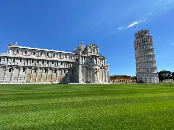 Field Miracles Leaning Tower Pisa Panoramic View Tourists Sunny Day — Stock Photo, Image