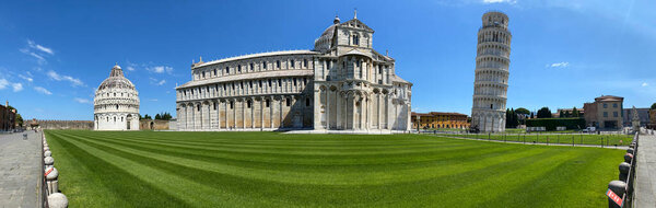 Field of Miracles and Leaning Tower, Pisa. Panoramic view without tourists on a sunny day.