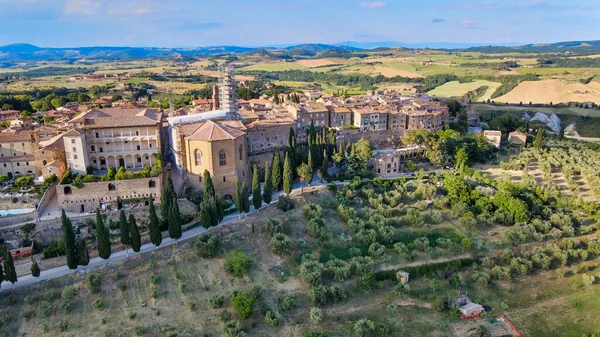 Pienza Toskana Ünlü Ortaçağ Kasabasının Günbatımında Hava Manzarası — Stok fotoğraf