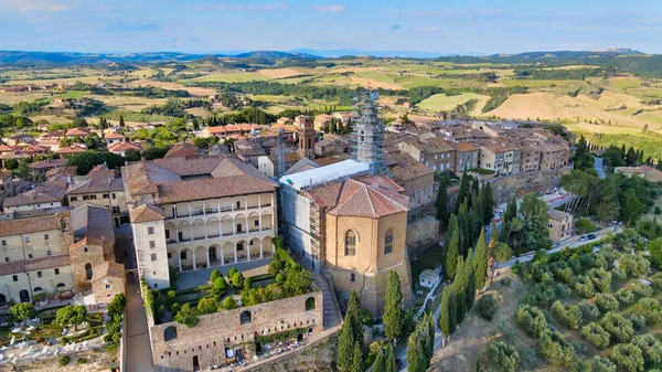 Pienza Toscana Vista Aérea Pôr Sol Famosa Cidade Medieval — Fotografia de Stock