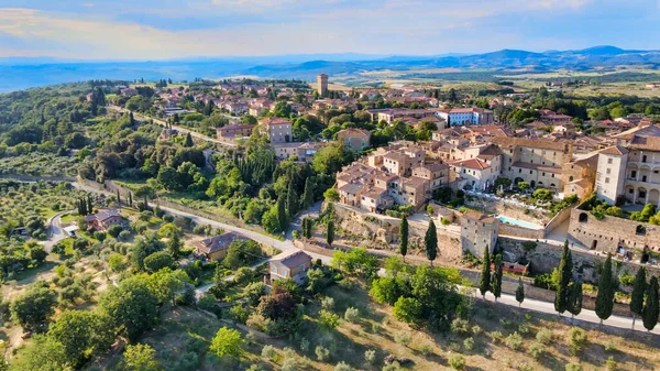 Pienza Toscana Flygfoto Vid Solnedgången Den Berömda Medeltida Staden — Stockfoto