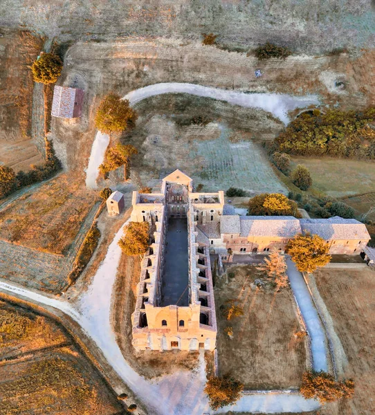 Vista Aérea Incrível Bela Abadia San Galgano Com Paredes Sem — Fotografia de Stock