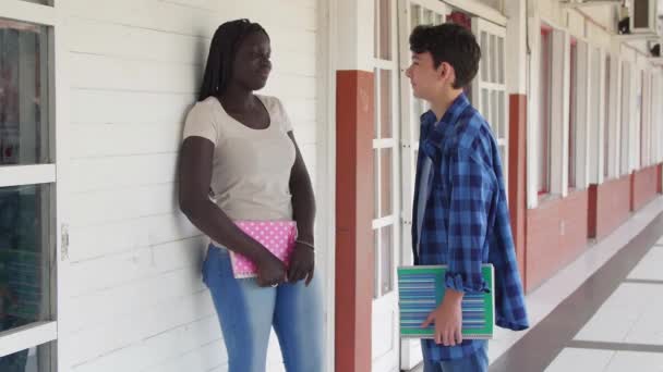 Caucasian and afro american teenagers friends speaking along school hallway — Stock Video