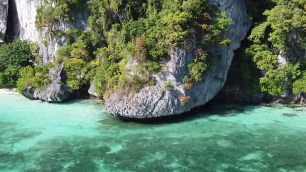 Geweldige kustlijn van Phi Phi Don, Thailand. Panoramisch uitzicht vanuit de lucht op een prachtige zonnige dag met kristalheldere oceaan — Stockvideo