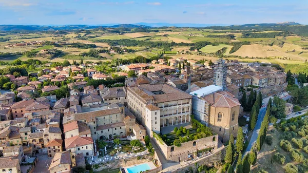 Pienza Toscana Vista Aérea Pôr Sol Famosa Cidade Medieval — Fotografia de Stock