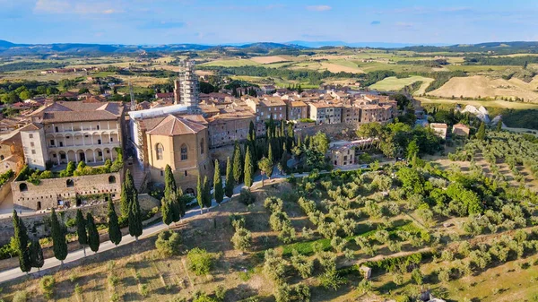 Pienza Toscana Vista Aérea Pôr Sol Famosa Cidade Medieval — Fotografia de Stock