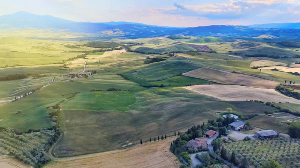 Pienza Toscane Luchtfoto Bij Zonsondergang Van Beroemde Middeleeuwse Stad — Stockfoto