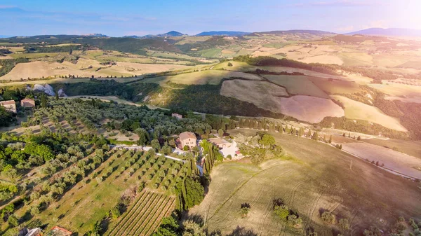 Pienza Toscane Luchtfoto Bij Zonsondergang Van Beroemde Middeleeuwse Stad — Stockfoto