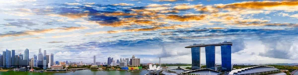 Singapurska Panorama Niesamowity Widok Lotu Ptaka Okolicę Marina Bay Zachodzie — Zdjęcie stockowe