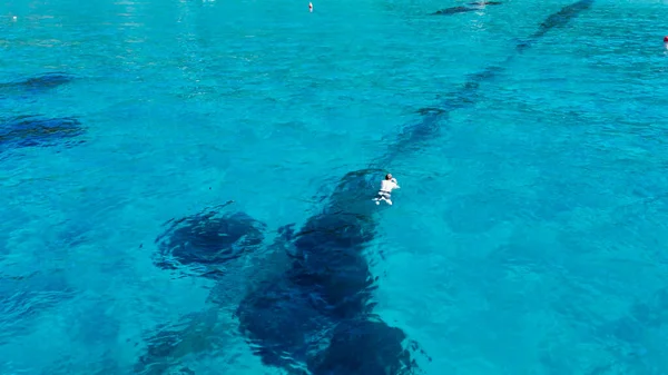 Αεροφωτογραφία Του Κολυμβητή Που Κολυμπά Στον Κρυστάλλινο Ωκεανό — Φωτογραφία Αρχείου