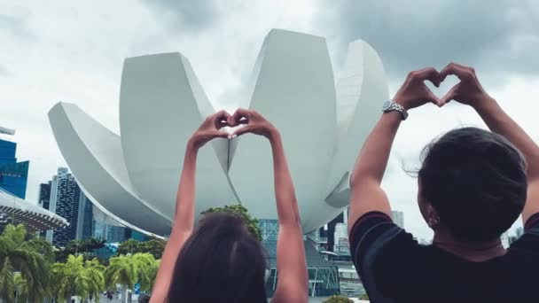 Azjaci młodzi turyści cieszyć się widokiem Singapuru — Wideo stockowe