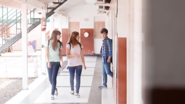 Fem multietniska tonåringar lämnar skolan och går längs skolkorridoren, solljus utifrån — Stockvideo