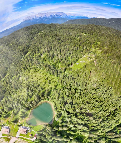 美しい森に囲まれた夏の時間に高山湖 空中の景色を見下ろすオーバーヘッド — ストック写真