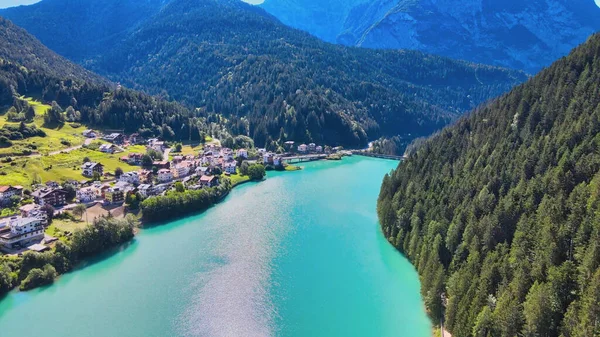 Aerial View Auronzo Lake Town Summertime Italian Dolomites — Stock Photo, Image