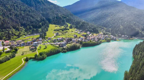 Flygfoto Över Auronzo Sjön Och Staden Sommaren Italienska Dolomiter — Stockfoto