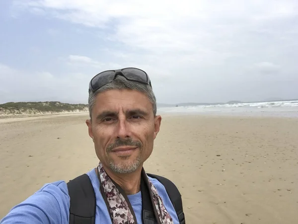 Turista Maschio Che Selfie Una Spiaggia Wilsons Prom Australia — Foto Stock