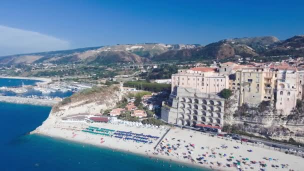 Aerial view of beautiful southern italian coastline. Tropea, Calabria in summer season from drone — Stock Video