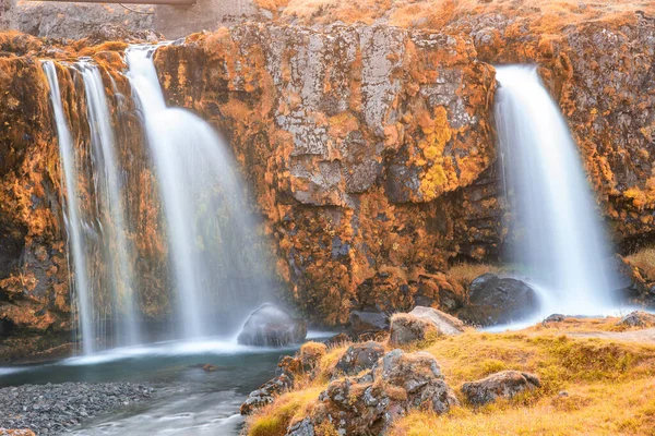 Cachoeiras Bonitas Islândia Pôr Sol Verão — Fotografia de Stock