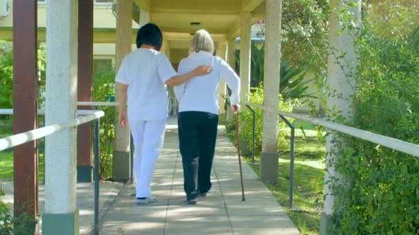 Enfermera ayudando a anciana con muletas en el hospital. Vista trasera — Vídeos de Stock