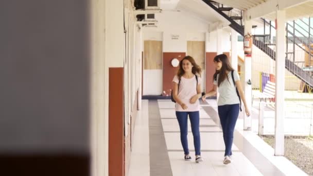 Grupo de cinco estudiantes adolescentes multiétnicos caminando en el pasillo de la escuela. Movimiento lento — Vídeos de Stock