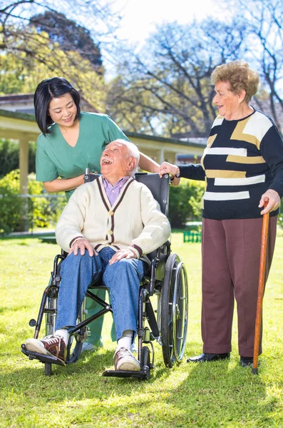 Happy Group Mature Elderly People Spending Time Outdoor Wheelchair — Stock Photo, Image