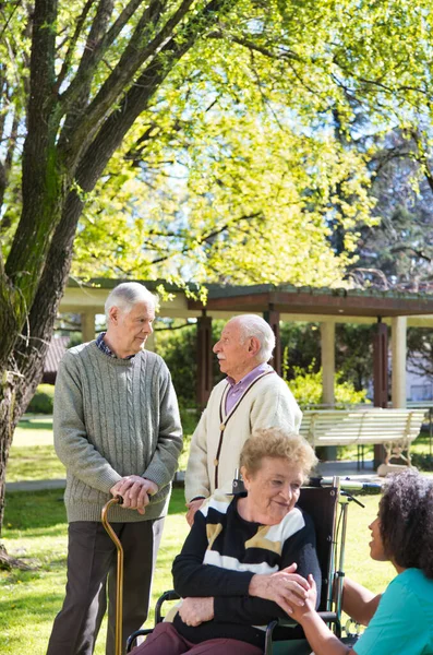快乐的一群老年人在花园里休息 — 图库照片