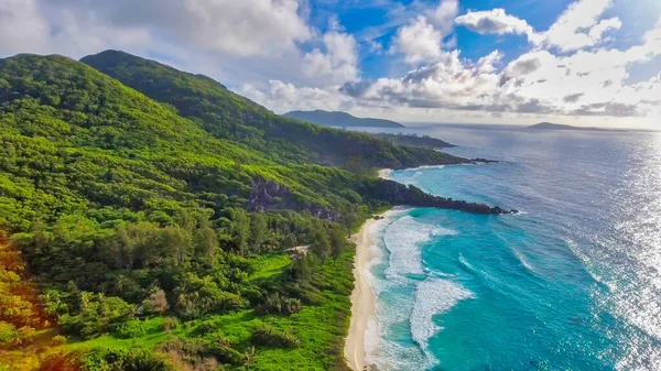 Digue Seychellerna Fantastisk Antenn Utsikt Över Stranden Och Havet Från — Stockfoto