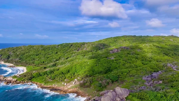 Fantastisk Antenn Utsikt Över Grand Anse Digue Island Seychellerna Hav — Stockfoto