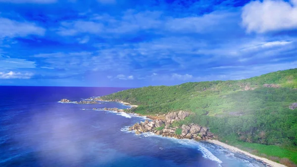 Digue Ilha Das Seychelles Vista Aérea Incrível Praia Oceano Drone — Fotografia de Stock