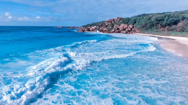 Tropical Beach Sea Palm Taken Drone Seychelles Famous Beach Aerial — Stock Photo, Image