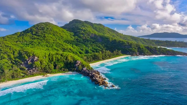 Digue Isla Seychelles Increíble Vista Aérea Playa Océano Desde Dron — Foto de Stock