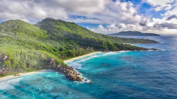 Fantastisk Antenn Utsikt Över Grand Anse Digue Island Seychellerna Hav — Stockfoto