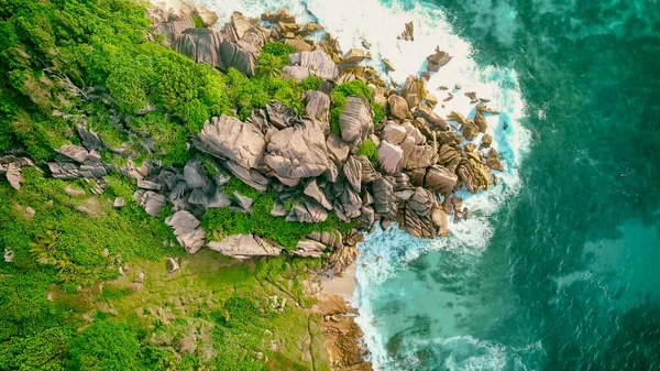 Диг Сейшельский Остров Удивительный Вид Воздуха Пляж Океан Дрона — стоковое фото
