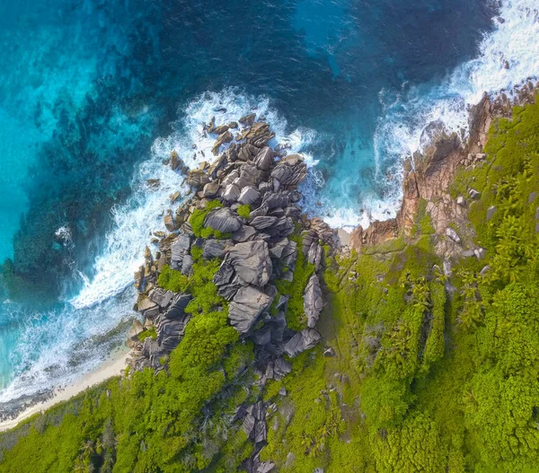 Digue Isla Seychelles Increíble Vista Aérea Playa Océano Desde Dron — Foto de Stock