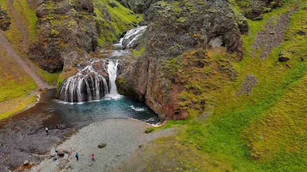 Stjornarfoss Vízesések Nyári Szezonban Csodálatos Légi Kilátás Izland Természeti Táj — Stock Fotó