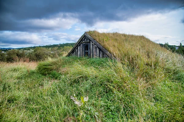 Dolda Trä Hem Gräset Molnig Himmel Bakgrunden — Stockfoto