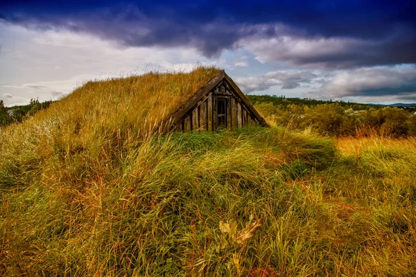 Ukryte Drewniane Domy Pod Trawą Zachmurzone Niebo Tle — Zdjęcie stockowe