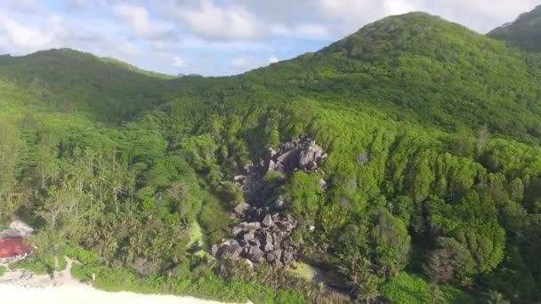 Trópusi strand tengerrel és tenyérrel a drónból. Seychelles híres strand - légi felvétel La Digue Grand Anse — Stock videók