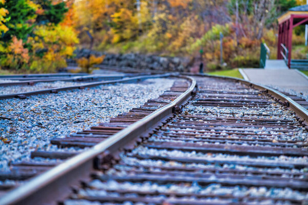 Closeup of railway across beautiful foliage landscape.