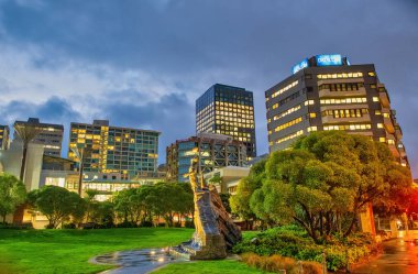 WELLINGTON, NEW ZEALAND - 4 Eylül 2018: Geceleri modern Buidlings ile şehir merkezi.