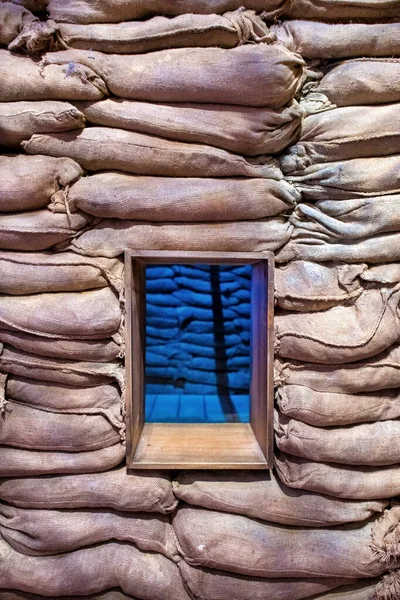 Fortificações Guerra Muitos Sacos Lona Empilhados Uma Pilha Pacotes Empilhados — Fotografia de Stock