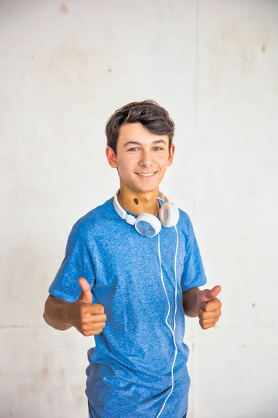 Happy Caucasian Teenager Boy Ready Hear Music Isolated White Background — Stock Photo, Image