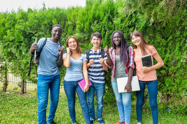 Счастливая Группа Подростков Смешанных Рас Стоящих Траве Дворе Школы Снова — стоковое фото