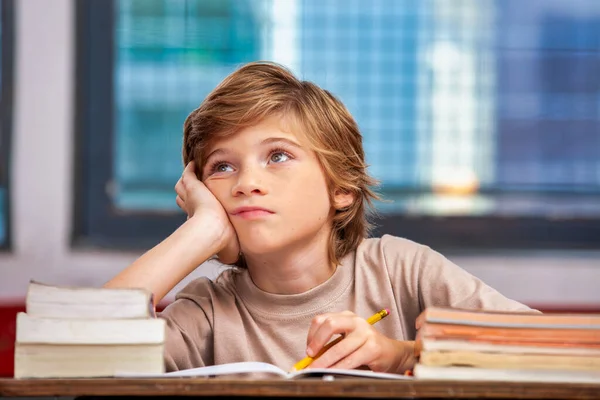 Caucasian Boy Classroom Thinking Back School Concept — Stock Photo, Image