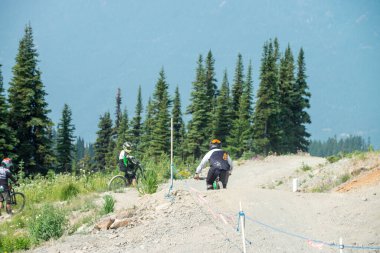 Whistler, Kanada - 12 Ağustos 2017: İnsanoğlu yaz sezonu boyunca Whistler Dağı 'nda dağ bisikletine biner. Whistler Dağı yazın bir dağ bisikleti sahnesine dönüşür.. .