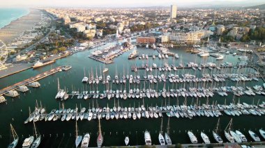 Aerial view of Rimini Port and Docked Boats in summer season, Italy. clipart