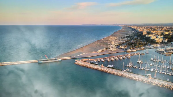 Flygfoto Över Rimini Hamn Och Strand Från Drönare Sommarsäsongen Italien — Stockfoto