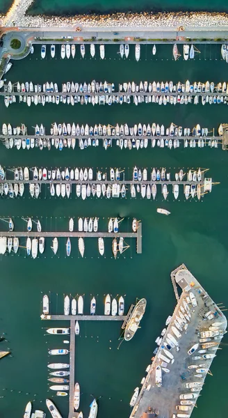 Overhead Aerial View Small Boats Docked Port Panoramic Drone Viewpoint — Stock Photo, Image