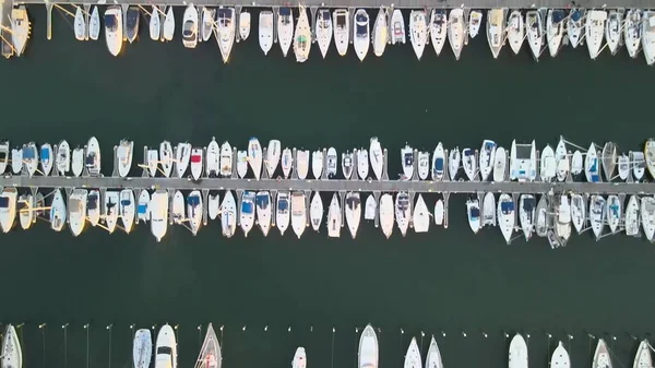 Overhead aerial view of Rimini Port and Docked Boats in summer season, Italy.