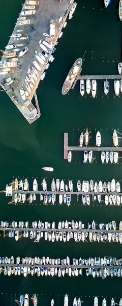 Overhead Aerial View Small Boats Docked Port Panoramic Drone Viewpoint — Stock Photo, Image